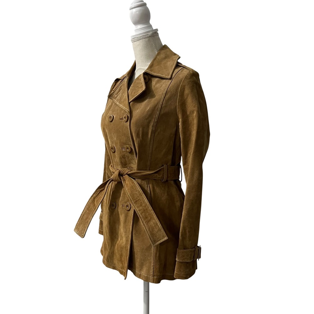 Wilsons Leather Brown Suede Belted Double Breasted Trench Coat Paisley Lined‎ S - Picture 8 of 11